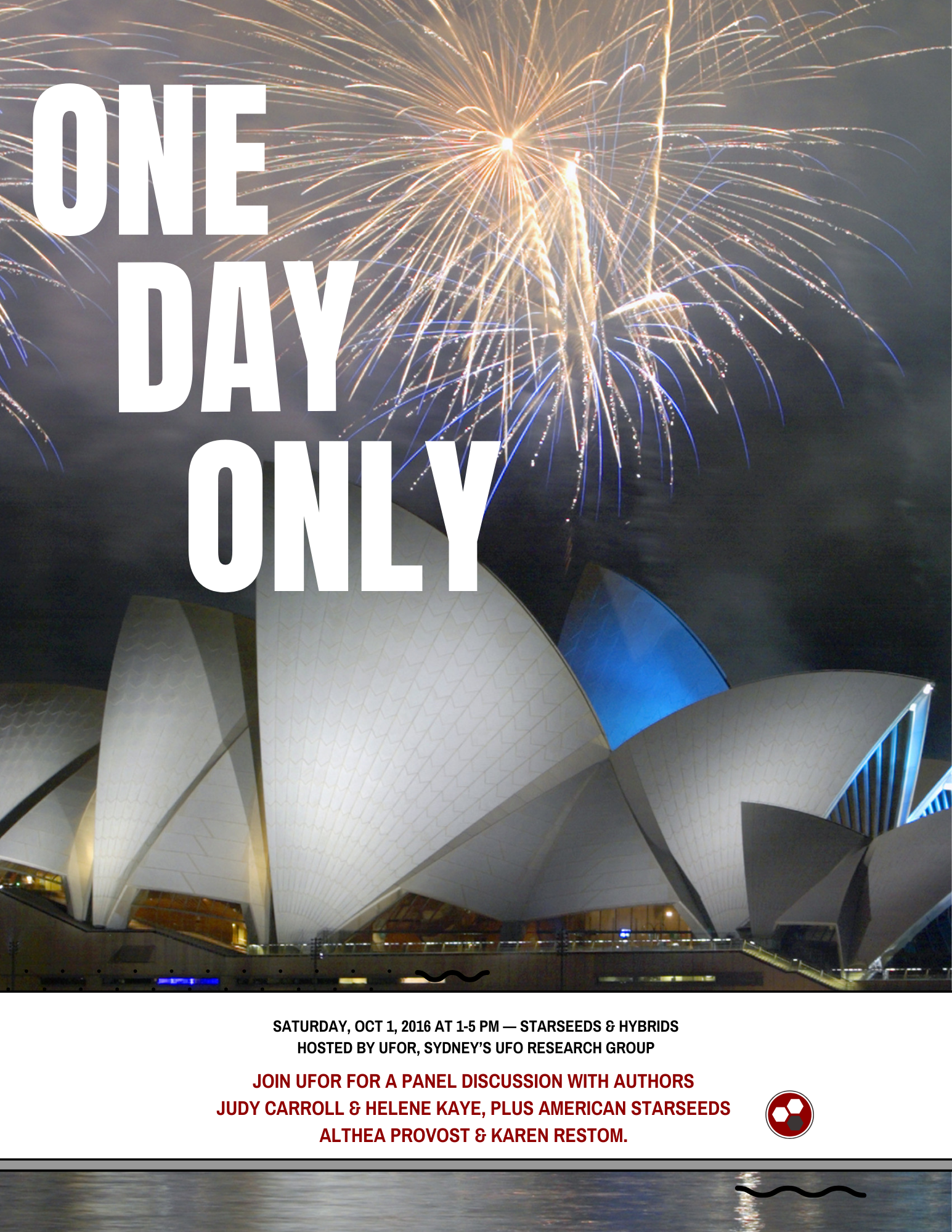 Starseeds & Hybrids flyer for the UFOR Sydney panel featuring Althea Provost, Judy Carroll, Helene Kaye, and Karen Restom on Oct. 1, 2016.