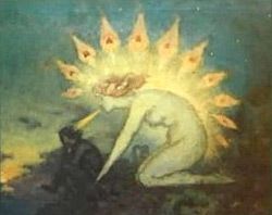 Stretched Beyond Human Proportion by Althea Provost. A luminous kneeling woman radiates a halo of eye‑shaped light forms and projects a beam of light toward a shadowy seated figure beneath a starry sky. Unnamed painting by George William Russell (“AE”).