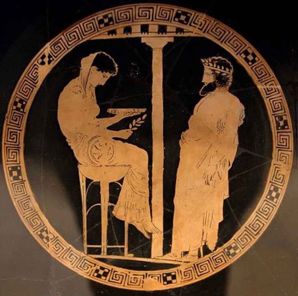 The Oracles of Antiquity illustration of King Aegeus consulting the Pythia, described by Althea Provost.