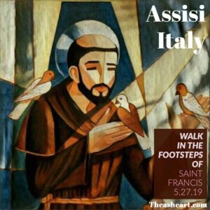 Saint Francis Walking Tour artwork depicting Saint Francis with birds in Assisi, Italy.