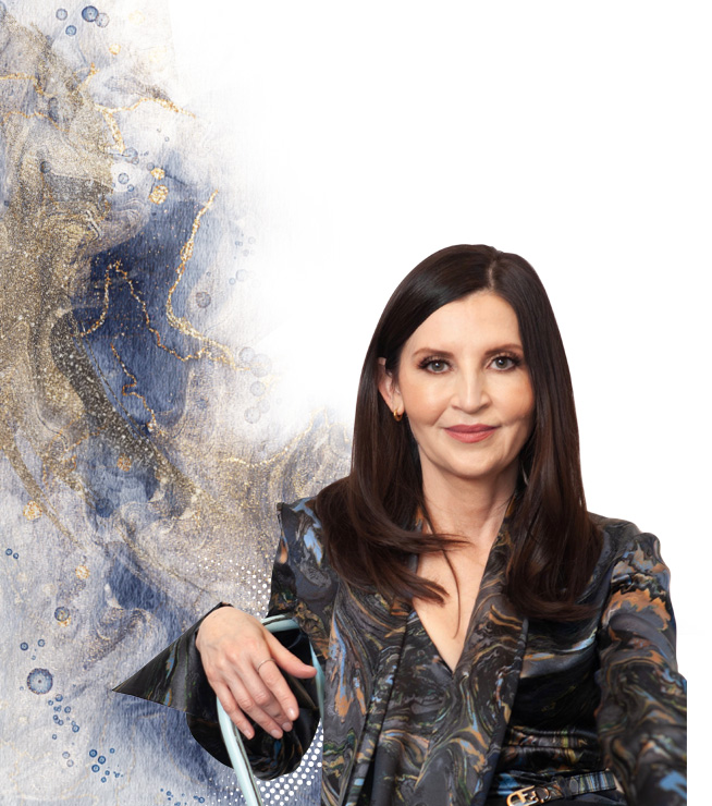 Portrait of Althea Provost with abstract cosmic background— author of Four Aliens and a Funeral