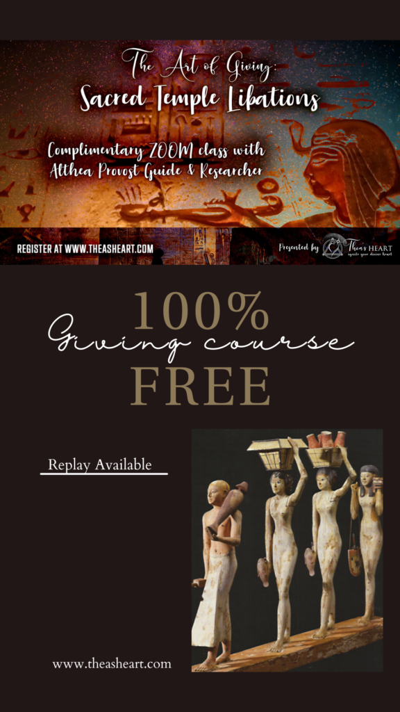 Promotional flyer for The Art of Giving Course by Althea Provost, featuring ancient Egyptian imagery and details about the complimentary Zoom class.