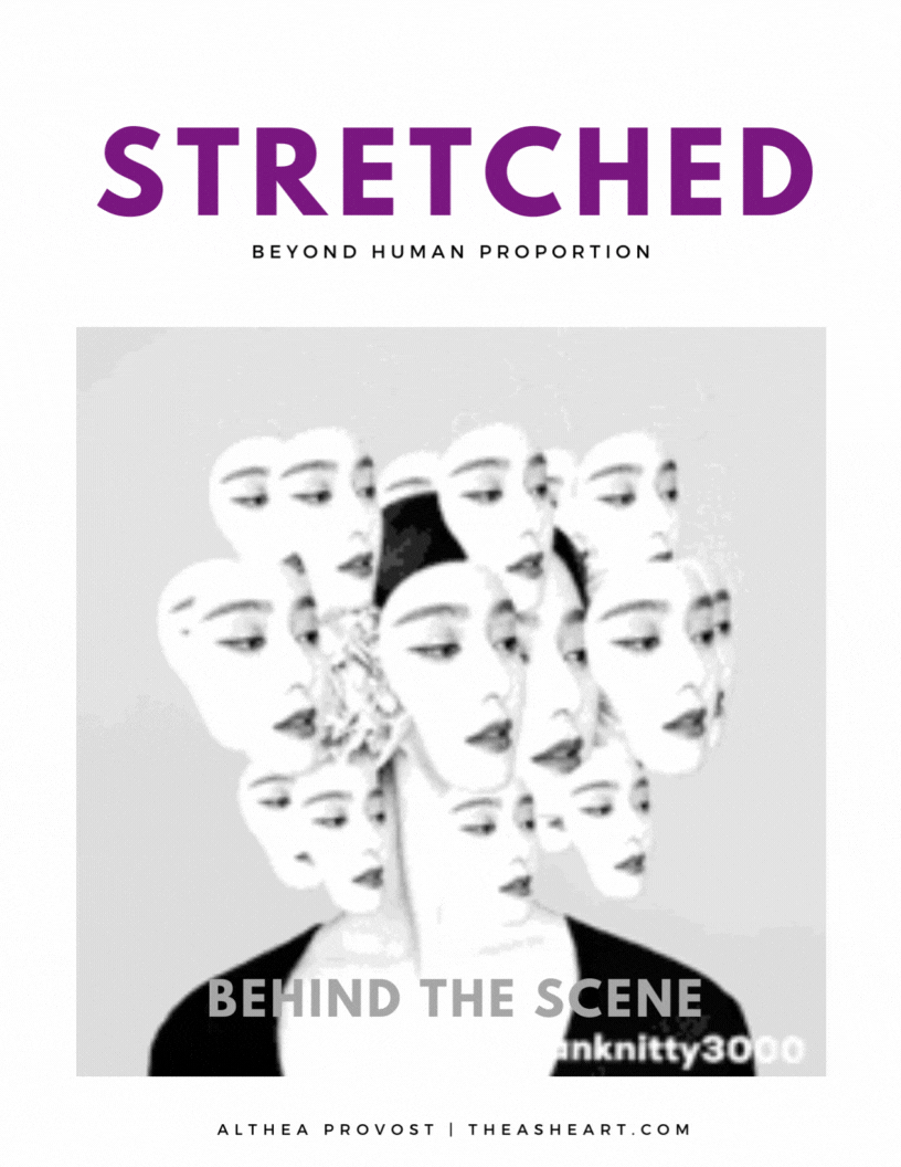 Stretched Beyond Human Proportion artwork depicting an elongated, duplicated human face in a surreal, kaleidoscopic stretch, reflecting Althea Provost’s 2019 high‑strangeness experience.