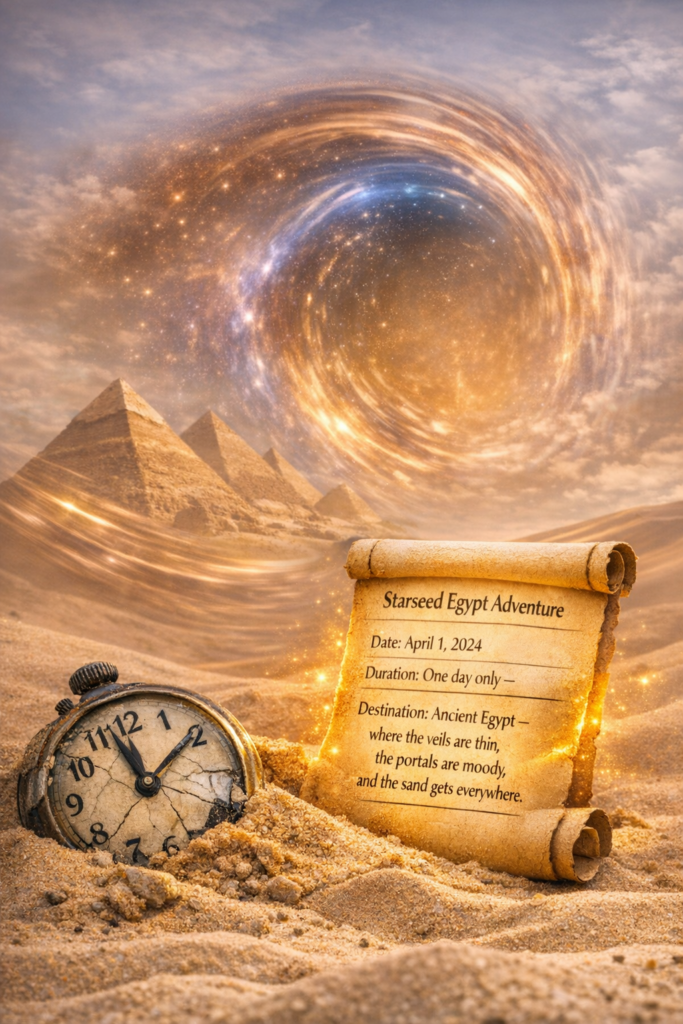 Starseed Egypt Adventure: April Fools’ 2nd Edition event details image with cracked watch in desert sand, glowing itinerary scroll, and pyramids warping into a cosmic vortex
