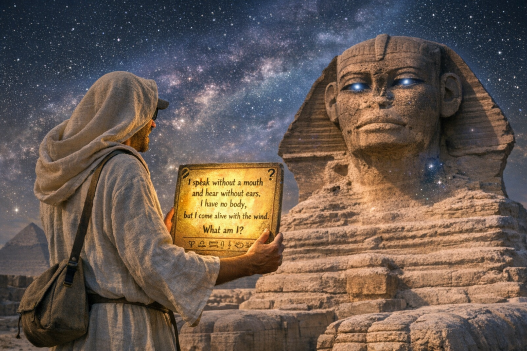Starseed Egypt Adventure: April Fools’ 2nd Edition mystical Sphinx riddle tablet glowing in twilight with cosmic sky and traveler in linen robes
