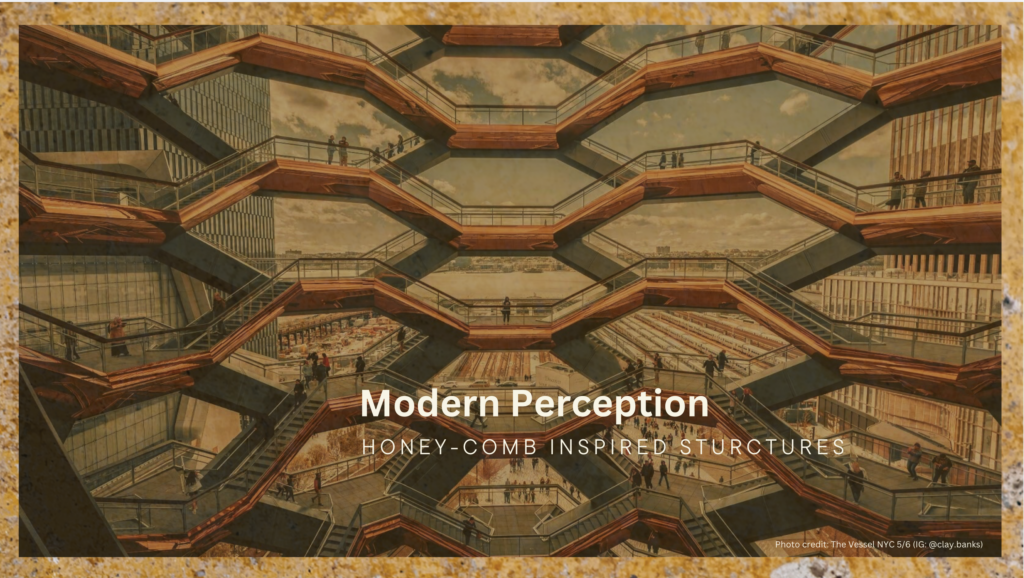 Honeycomb-inspired architecture reflecting sacred geometry and priestess symbolism from Neith: Return of the Weavers Course by Althea Provost.