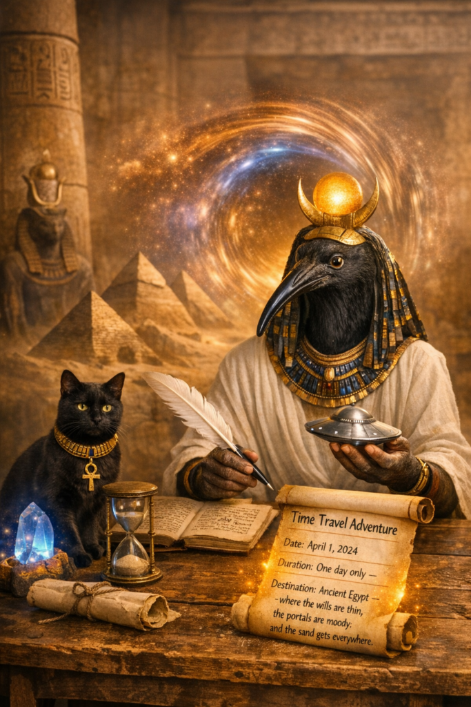 Starseed Egypt Adventure: April Fools’ 2nd Edition Thoth the Ibis-headed scribe teaching time travel workshop in ancient temple with UFO model and black cat