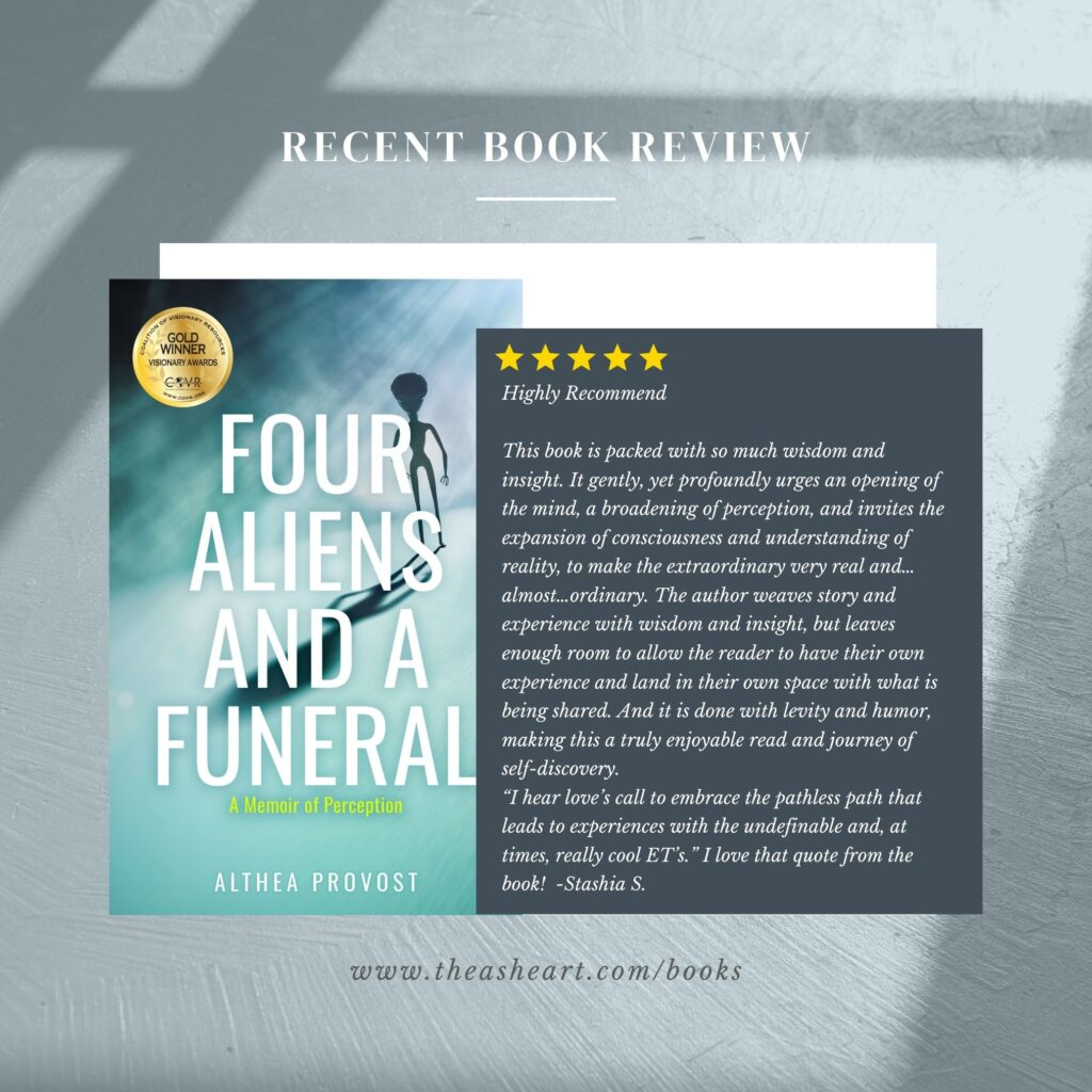 Book review for Four Aliens and a Funeral: A Memoir of Perception by Althea Provost, featuring five-star rating and COVR Visionary Awards Gold Winner badge