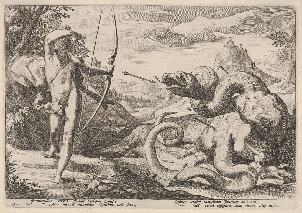 Apollo Killing the Python by Hendrik Goltzius, published in 1589, is housed at the Los Angeles County Museum of Art. Public Domain