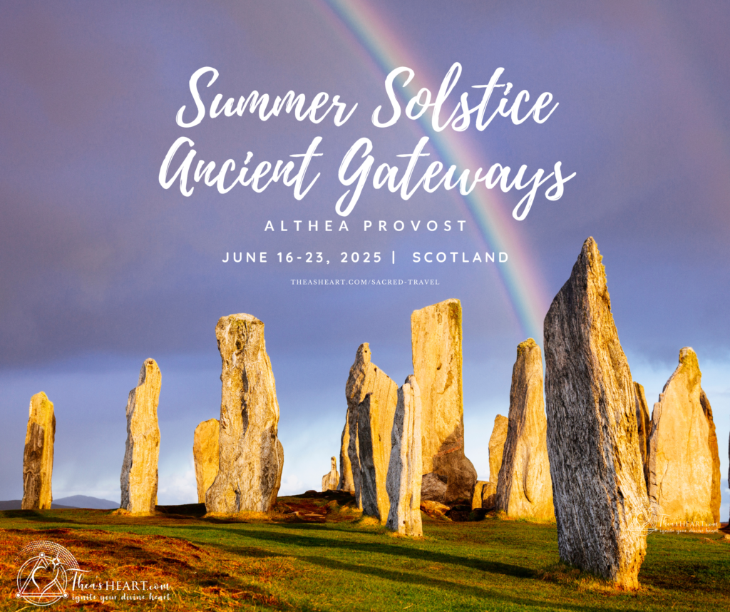 Summer Solstice Ancient Gateways poster for Starseed Scotland Adventure 2025 featuring Callanish Stones and rainbow