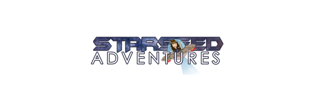 Starseed Adventure with Althea Provost featuring the Starseed Adventure wordmark with a cosmic “Starseed” logo and Starseed Girl sitting inside a small illustrated UFO within the letter E, wearing a shirt with the brand logo.