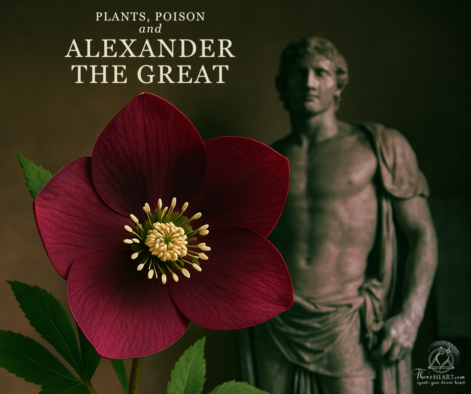 Red hellebore flower with a classical statue of Alexander the Great in the background, used as the header image for Althea Provost’s “Plants, Poison, and Alexander the Great” blog post linked to the Starseed Türkiye Adventure.