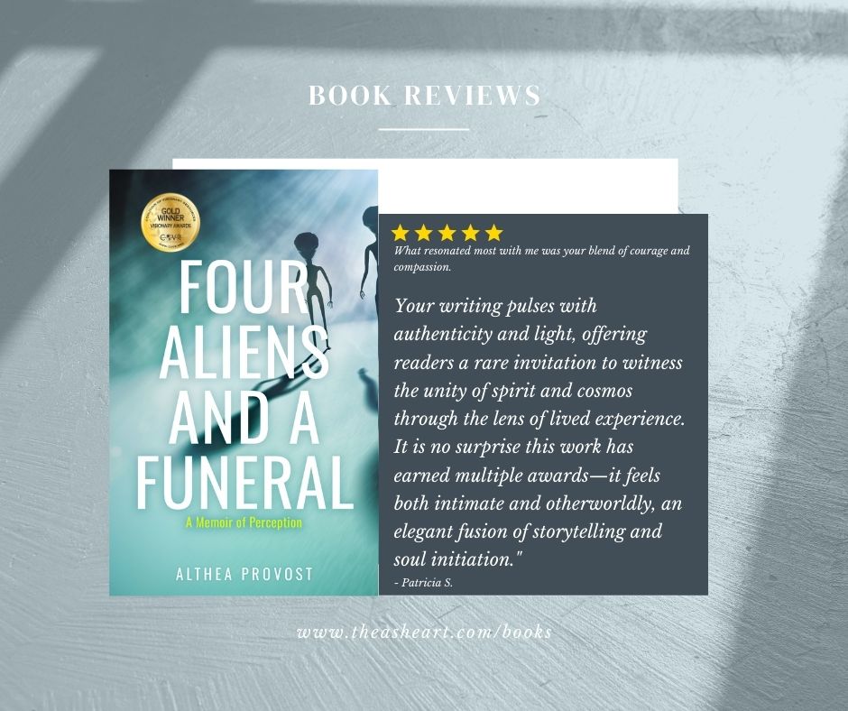 Cover of Four Aliens and a Funeral by Althea Provost with award badge and five-star review.