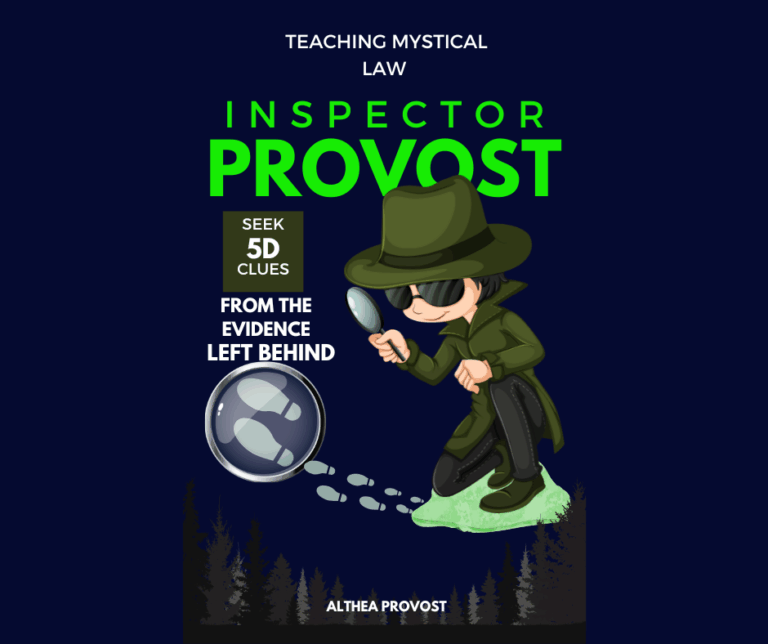 Inspector Provost book cover featuring a cartoon detective in a green trench coat and hat examining footprints with a magnifying glass. Text reads “Teaching Mystical Law,” “Seek 5D Clues from the Evidence Left Behind,” and “Inspector Provost.” The cover also displays the author’s name, Althea Provost.