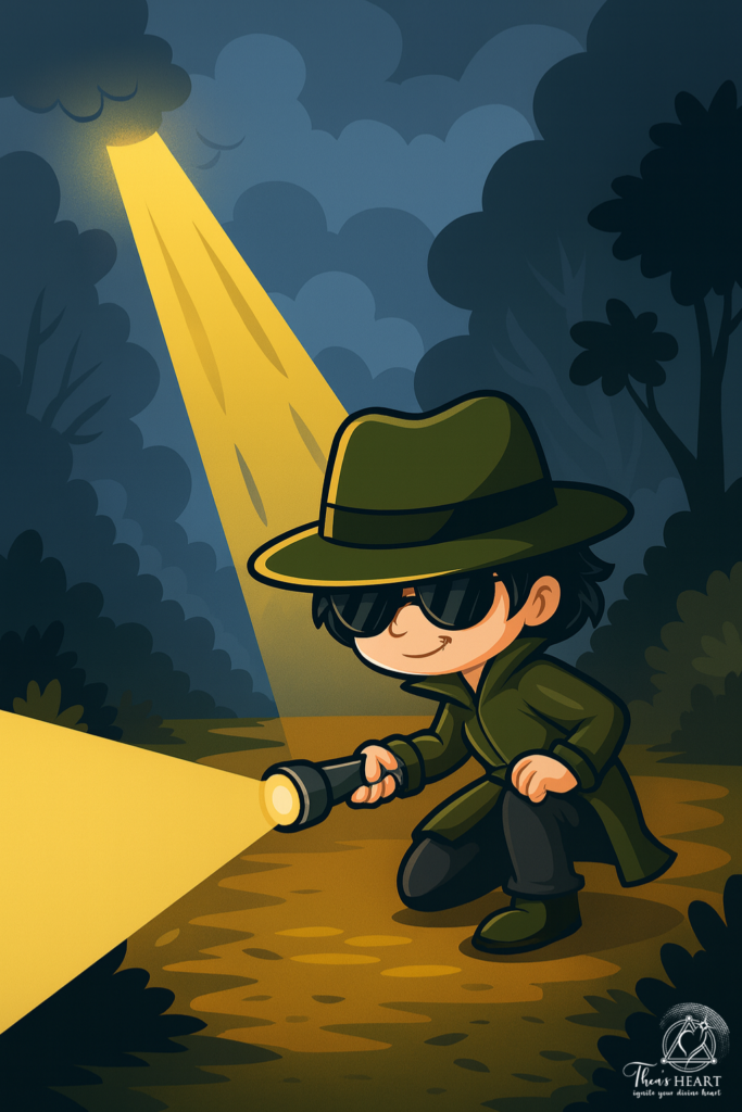 Exhibit B — Inspector Provost with Flashlight in Fog - Thea's Heart Cartoon-style illustration of Inspector Provost crouching in a foggy forest, shining a bright flashlight across the ground. She wears oversized sunglasses and a green trench coat, appearing cool and confident as she investigates the mystery in Chapter One.