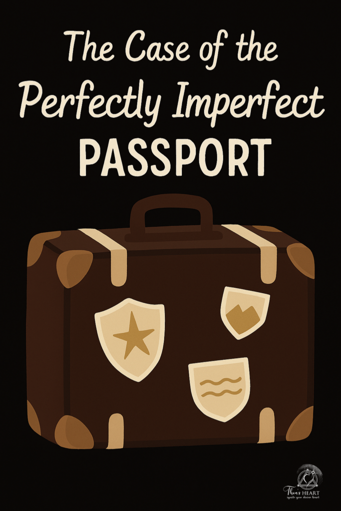 Inspector Provost_Case File_Exhibit A_The Carry On - Thea's Heart Stylized suitcase with travel patches and text “The Case of the Perfectly Imperfect Passport.”