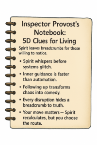 Notebook-style image titled “5D Clues for Living” listing spiritual insights and guidance for intuitive living.