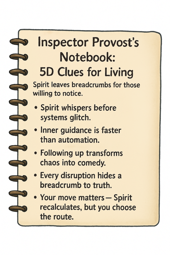 Inspector Provost_Case File_Exhibit B_Notebook - Thea's Heart Notebook-style image titled “5D Clues for Living” listing spiritual insights and guidance for intuitive living.