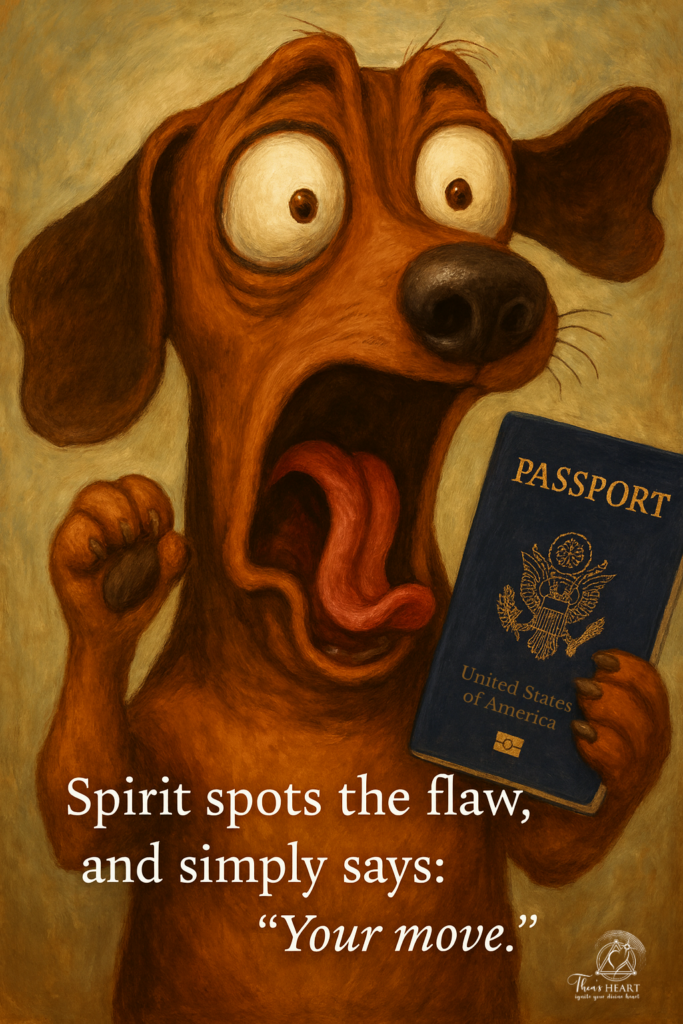 Expressive cartoon dog holding a U.S. passport, wide-eyed and surprised, with caption “Spirit spots the flaw, and simply says: ‘Your move.’”