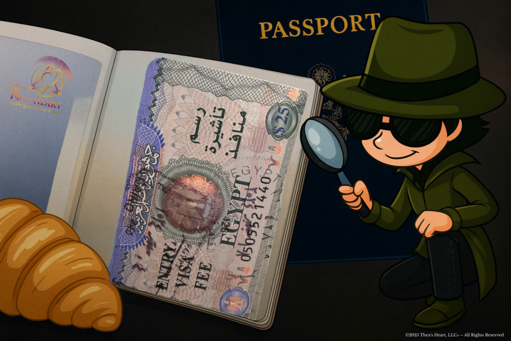 Inspector Provost_Case File_Exhibit D_The Investigation - Thea's Heart Cartoon Inspector Provost with magnifying glass, passport, and croissant on dark blue background.