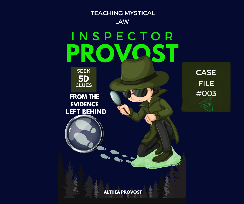 Cartoon Inspector Provost in trench coat examining glowing footprints in a forest.