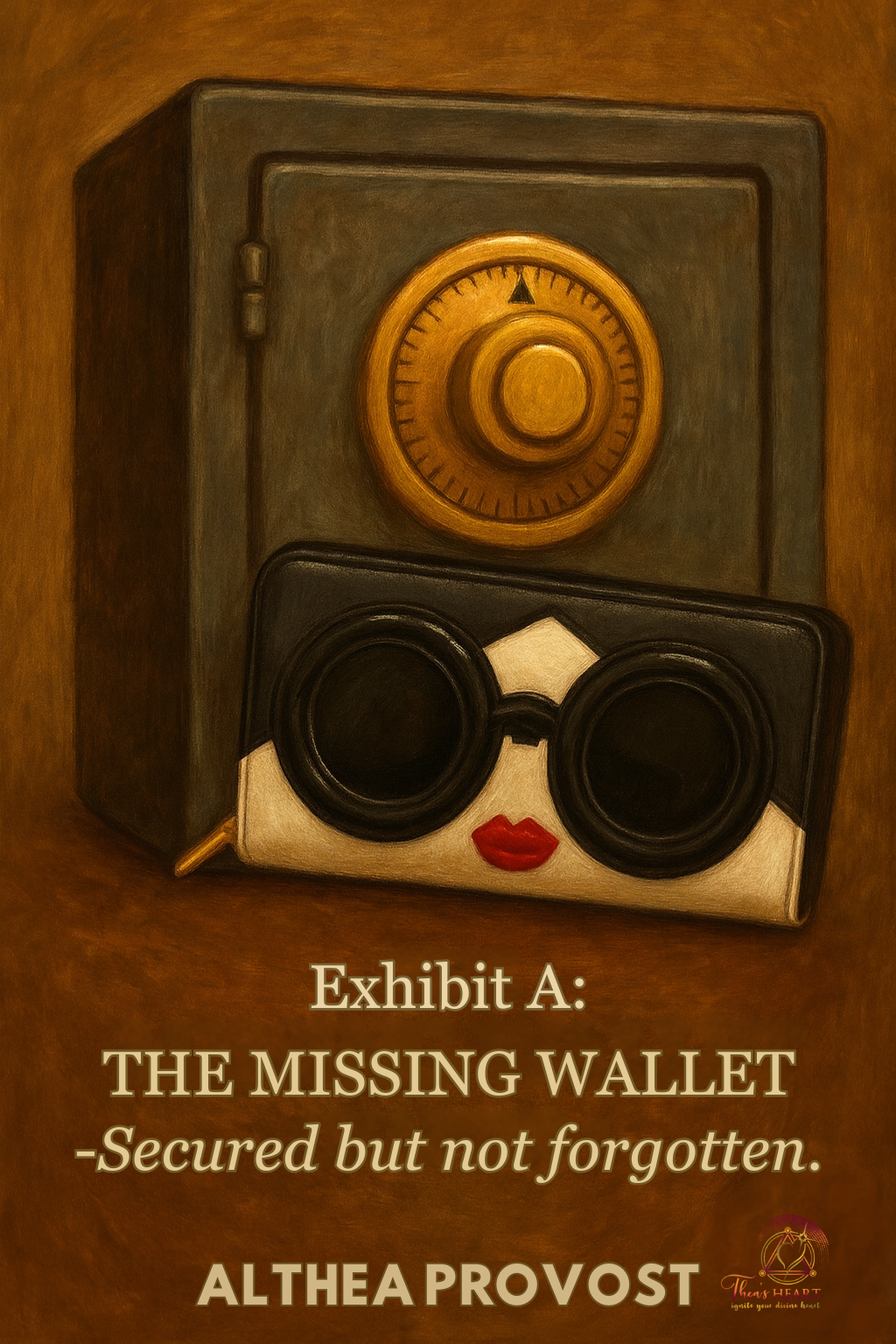 Inspector Provost-The Case of the Missing Wallet-Exhibit A - Thea's Heart Painterly illustration of a stylized wallet with sunglasses and red lips resting against a vintage safe, lit dramatically to suggest mystery.