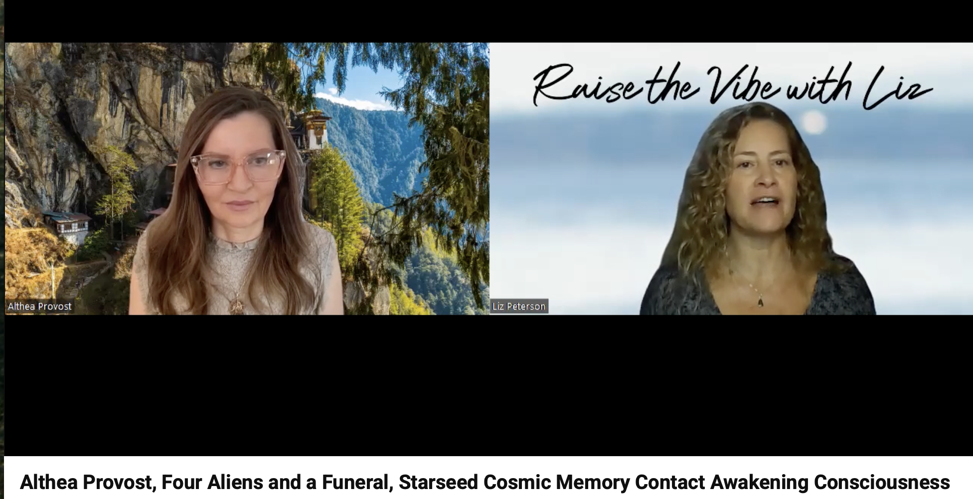 Video interview with Althea Provost and Liz Peterson discussing Four Aliens and a Funeral, starseed cosmic memory, contact experiences, and awakening consciousness.