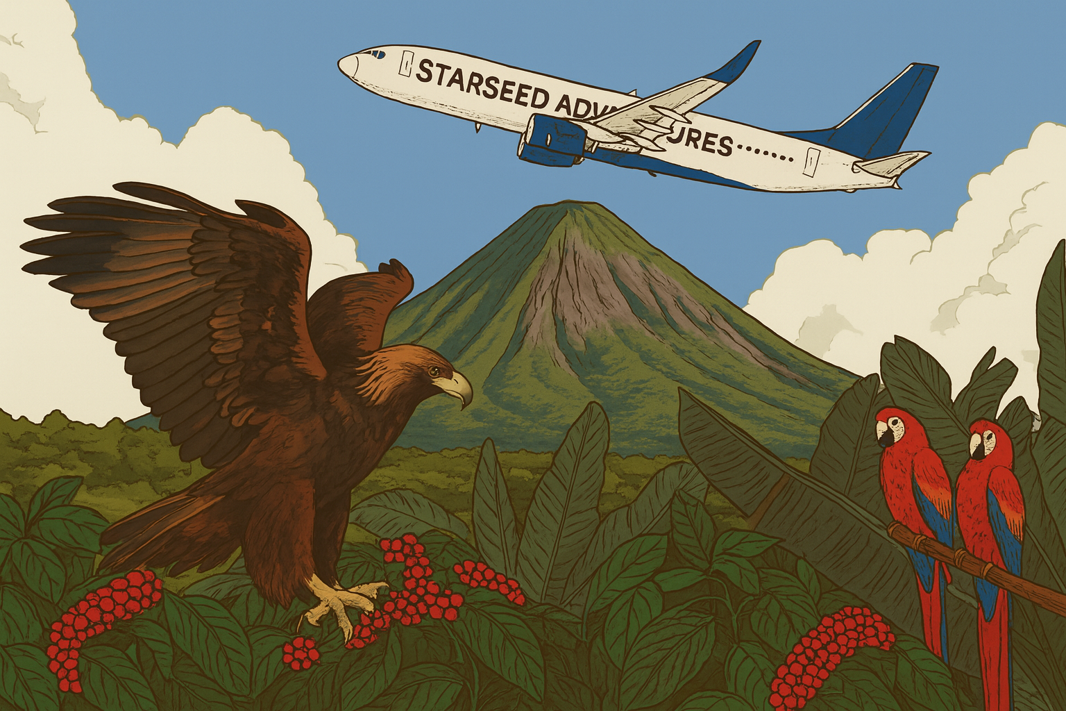 Illustration of a Starseed Adventures airplane flying above a tropical volcanic landscape with an eagle and parrots in the foreground.