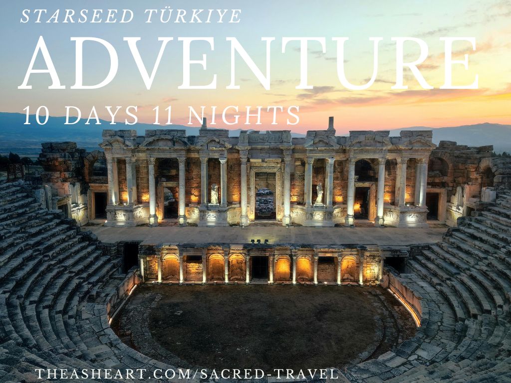 Sacred Travel with Althea Provost — Starseed Türkiye Adventure, featuring the ancient amphitheater of Ephesus illuminated at dusk.