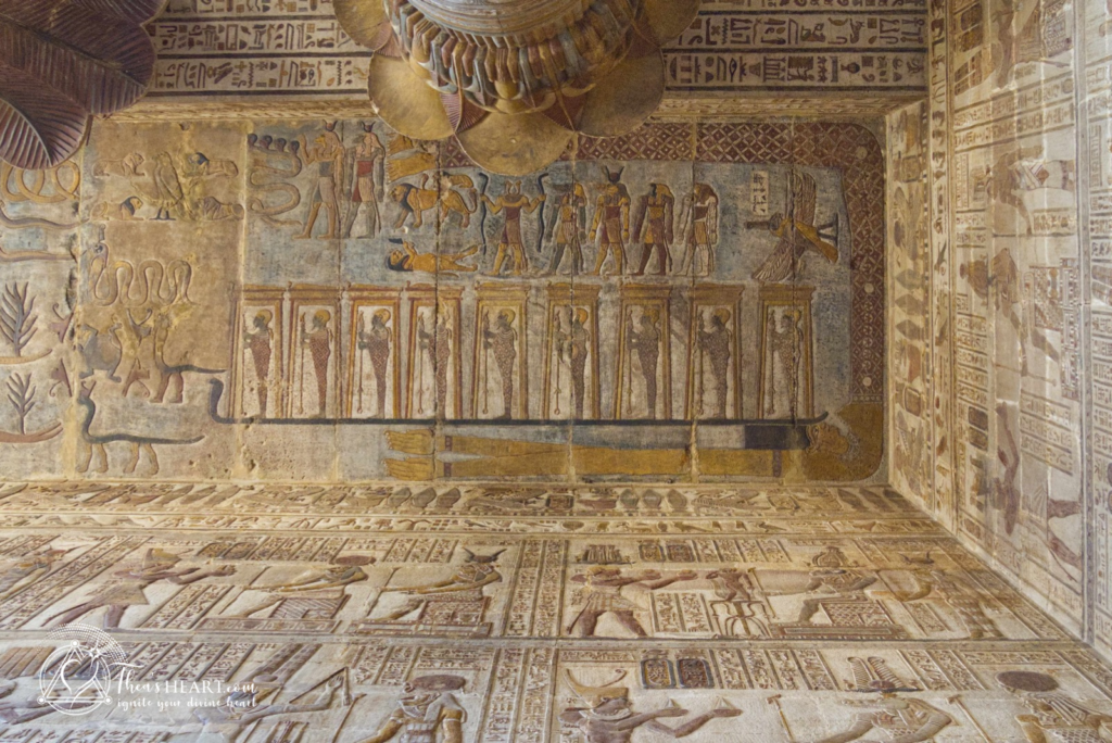 Temple of Esna ceiling and wall carvings with vibrant restored colors, photographed by Althea Provost during Starseed Egypt Adventure 2024