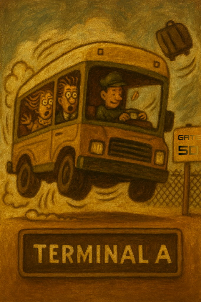 Exhibit C: Terminal A— The Unexpected Lift-Off - Thea's Heart A cartoon-style airport shuttle bus launches into the air, with a calm driver at the wheel and two terrified passengers inside. A suitcase flies overhead, and a roadside sign reads “Gate 5D,” while a large sign below says “Terminal A.”