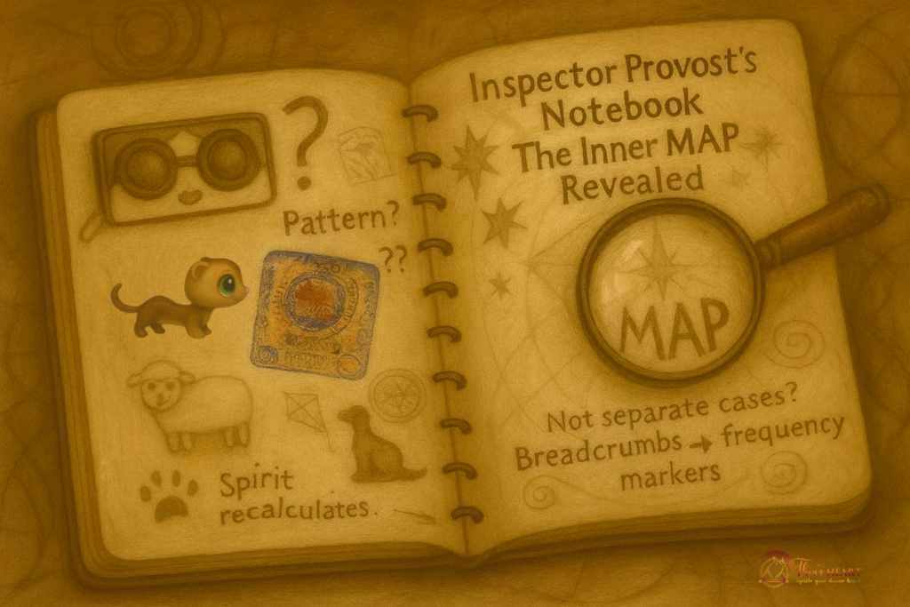 Inspector Provost Illustrated open notebook with symbolic sketches and handwritten notes, including a magnifying glass over the word "MAP."