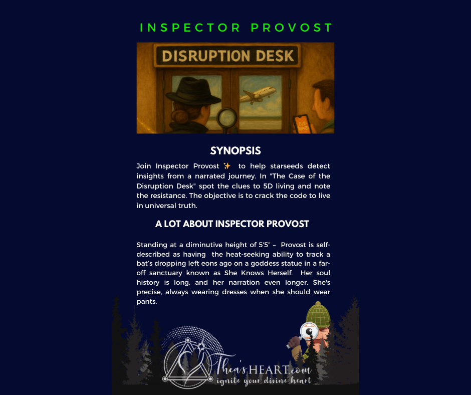 Inspector Provost — Case File #004 — The Case of the Disruption Desk — Althea Provost - Thea's Heart Inspector Provost in her trench coat stands before the Disruption Desk doors as a plane takes off behind the glass, with a disrupted passenger and a tiny chaotic bus nearby.