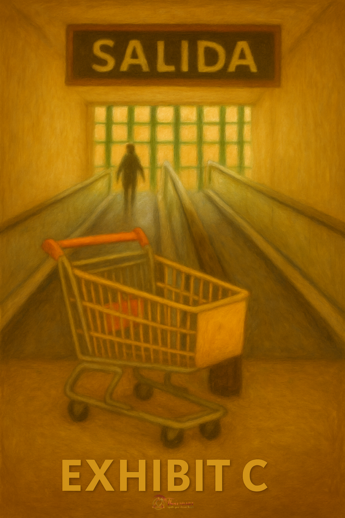 Inspector Provost_Case File 005_Exhibit C_Walmart Travelator — Stylized image of a shopping cart at the base of a ramp leading to a brightly lit exit marked “SALIDA,” representing the moment of departure in Mérida.