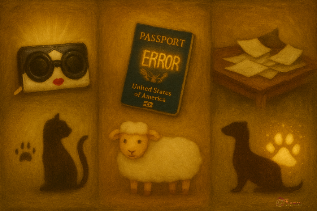Inspector Provost's Three-panel surreal illustration featuring a face-like wallet, a glowing "ERROR" passport, and a table with papers, each paired with a symbolic animal: cat, sheep, and ferret.