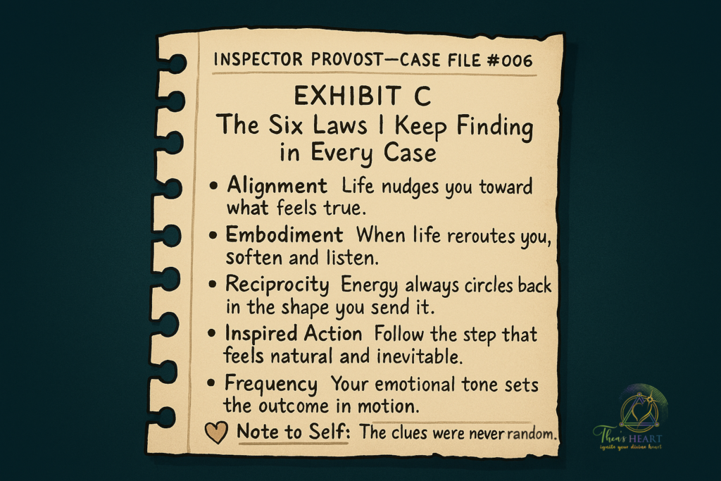 A torn notebook page from Inspector Provost’s journal, showing six handwritten mystical laws with soft, approachable wording, as if taken directly from her field notes.