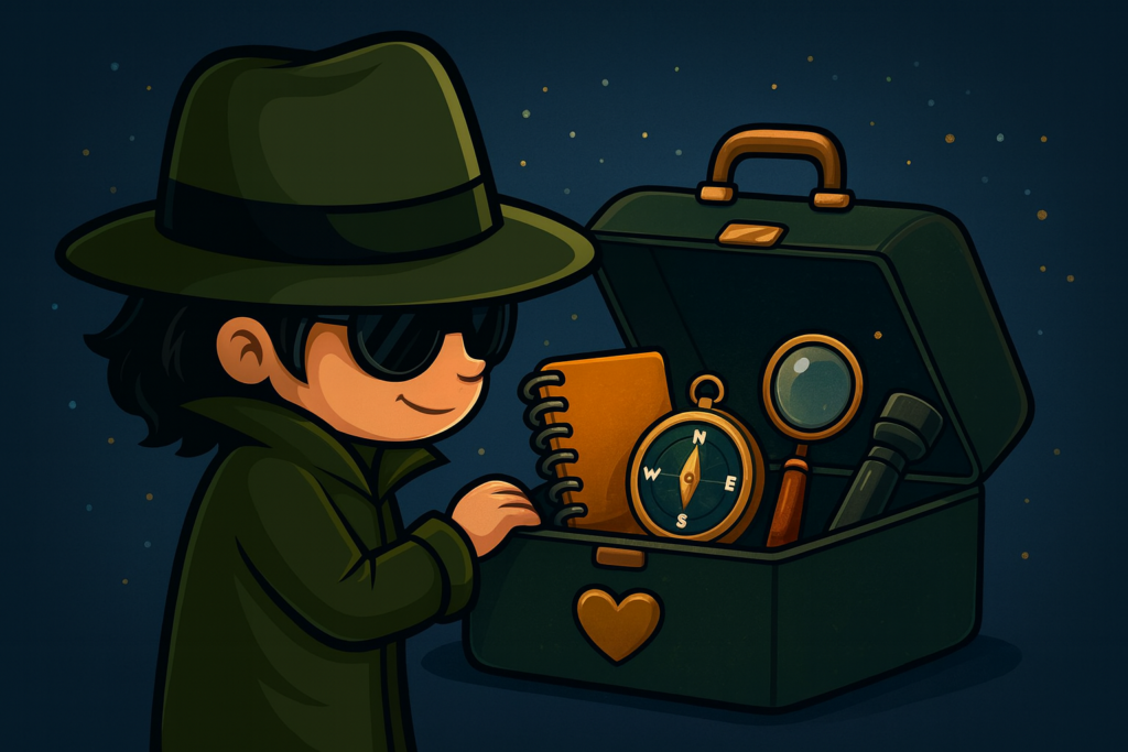 A nighttime forest scene where Inspector Provost crouches beside an open green toolbox containing a compass, notebook, flashlight, and other detective tools. Moonlight filters through the trees, illuminating the toolbox’s small heart emblem and casting a soft glow over the deep navy and green palette.
