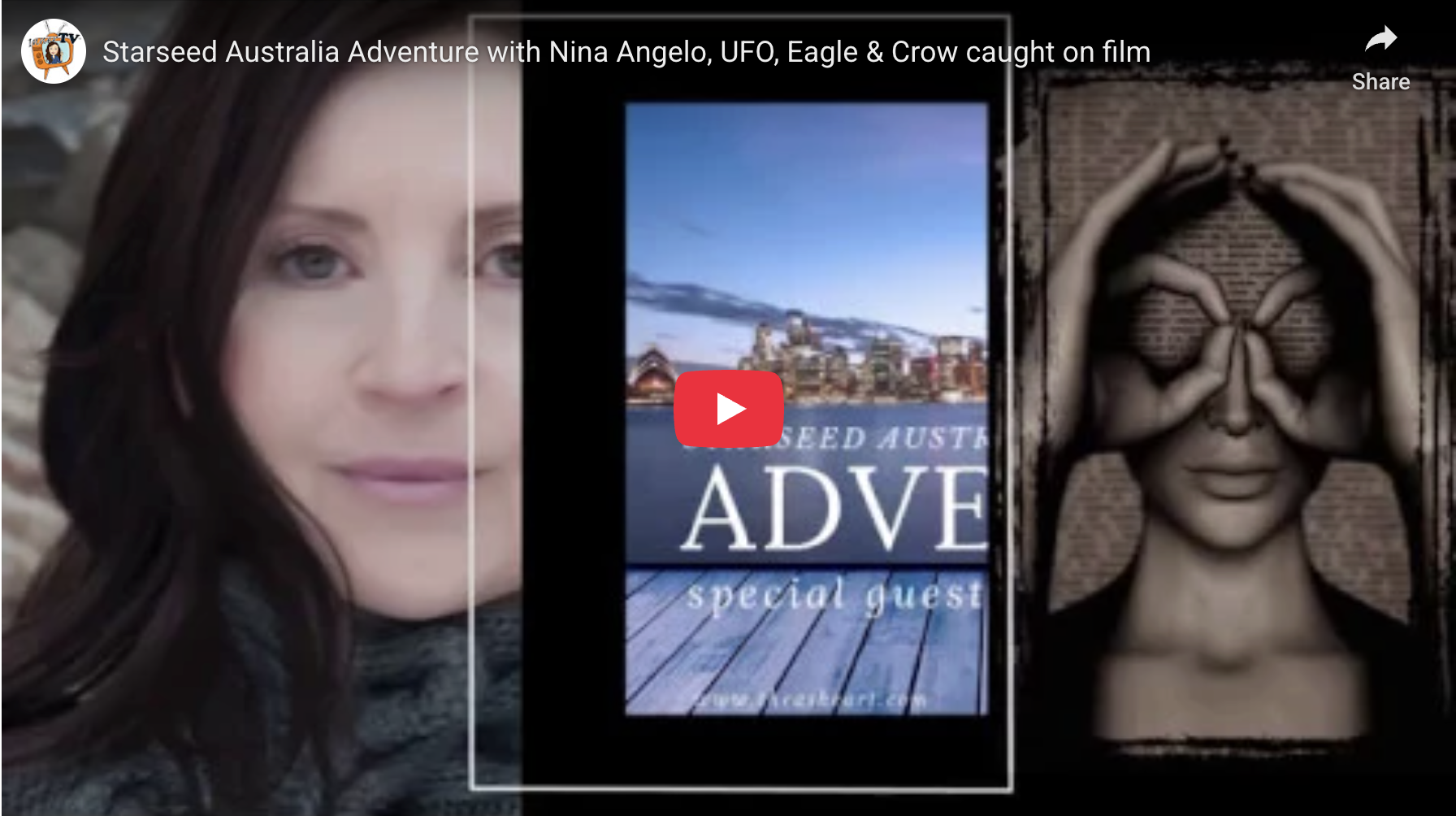 Video thumbnail for Starseed Australia Adventure featuring Nina Angelo, with visuals of a UFO, eagle, and crow captured on film.