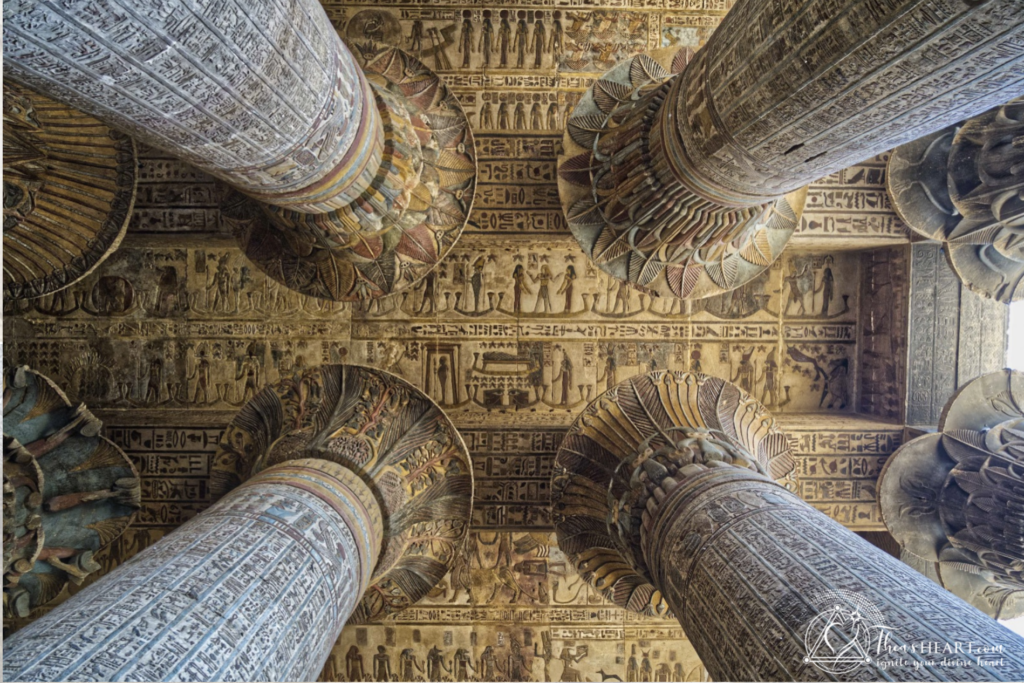 Temple of Esna ceiling and columns with vibrant restored carvings and painted reliefs, photographed by Althea Provost during Starseed Egypt Adventure