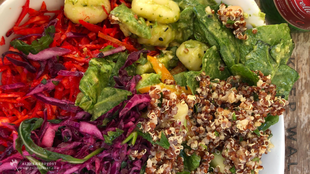 Starseed Malta Adventure 2019 Photo Gallery with colorful salad bowl with greens, quinoa, cabbage, carrots, and herb‑coated gnocchi.
