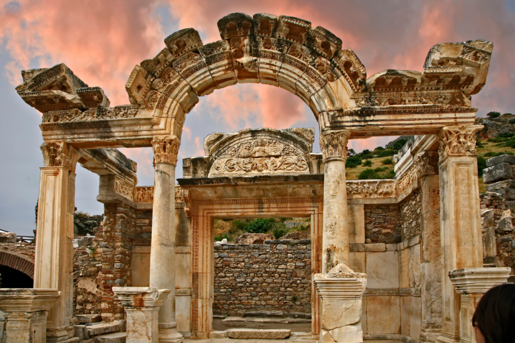 Temple of Hadrian in Ephesus explored during the Starseed Türkiye Adventure with Althea Provost, featuring ornate Roman arches and carved reliefs.