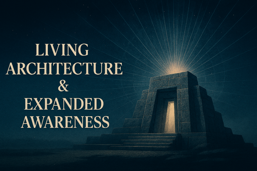 Althea Provost blended into a cosmic illustration featuring an ancient stone temple emitting radiant beams of light beneath a star-filled sky, with warm tones and soft transitions integrating her portrait into the mystical scene.