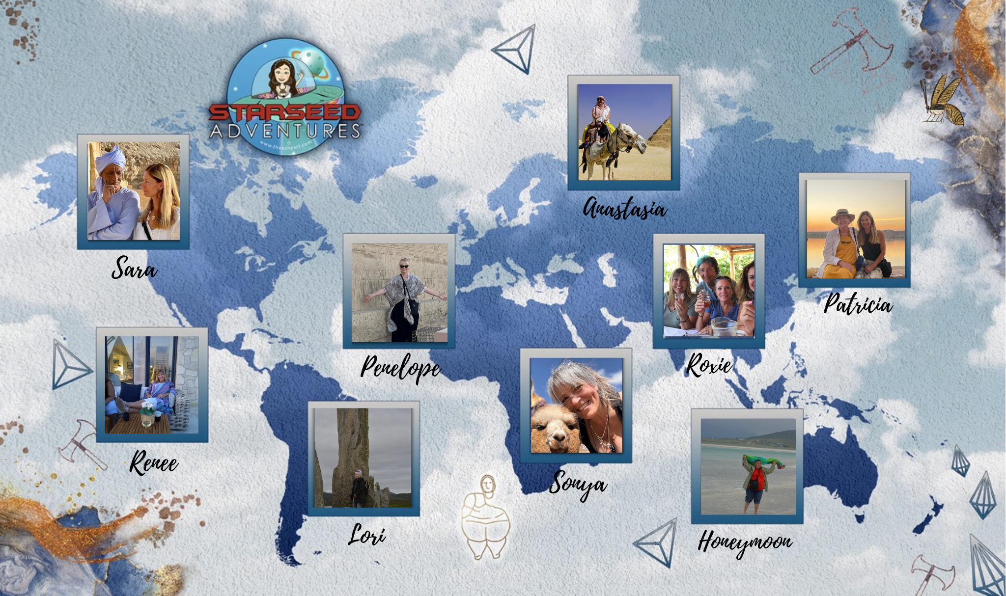 Starseed Adventure Testimonial Map: A world map collage featuring photos of Starseed travelers—Sara, Renee, Lori, Penelope, Sonya, Roxie, Anastasia, Patricia, and a Honeymoon couple—sharing moments from global journeys, framed around the Starseed Adventures logo.