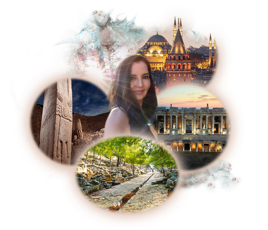 Starseed Turkiye Adventure image map featuring Althea Provost at the center, surrounded by symbolic locations from the journey, including the carved stone pillars of Göbekli Tepe, the stone‑paved ancient road lined with trees leading into Priene, and the Great Theatre of Ephesus glowing at dusk.