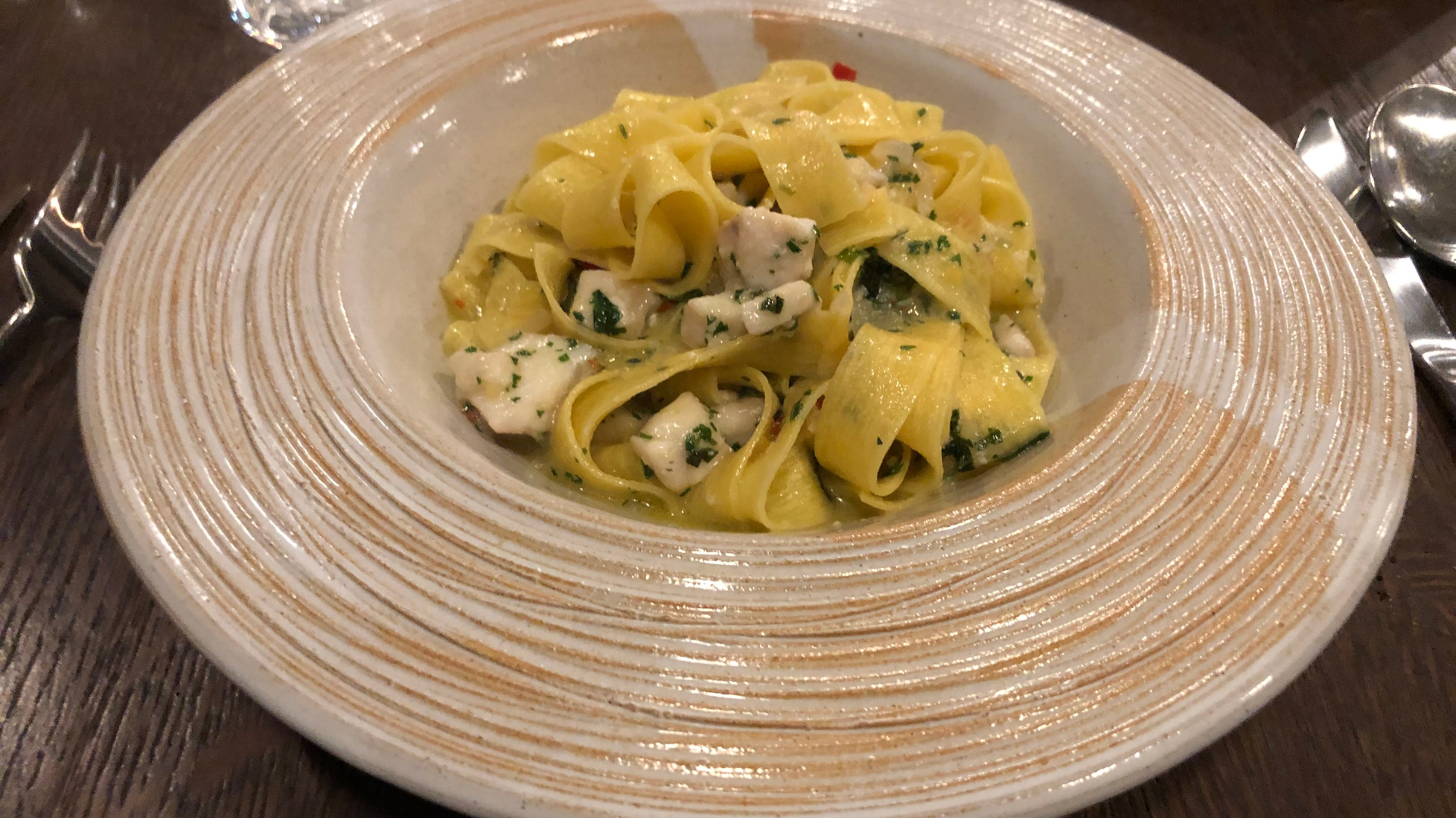 Starseed Malta Adventure 2019 Photo Gallery, featuring tagliatelle pasta with herbs and tender pieces of chicken enjoyed at a Valletta bistro.