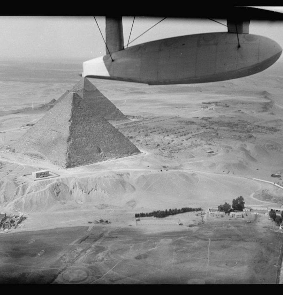 Chevron-shaped structure above the Great Pyramid entrance viewed from an aerial north-side photograph, c. 1932