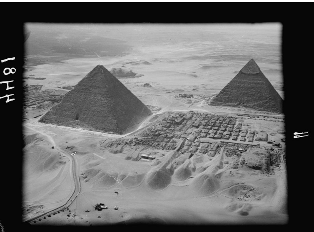 Chevron-shaped structure above the Great Pyramid entrance seen from an aerial view of the two largest pyramids of Giza, c. 1932