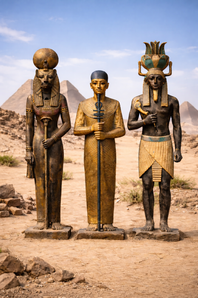Ptah, Alchemy, and the Inner Flame — three ancient Egyptian statues standing in a desert landscape with pyramids behind them, each deity rendered in ornate detail.