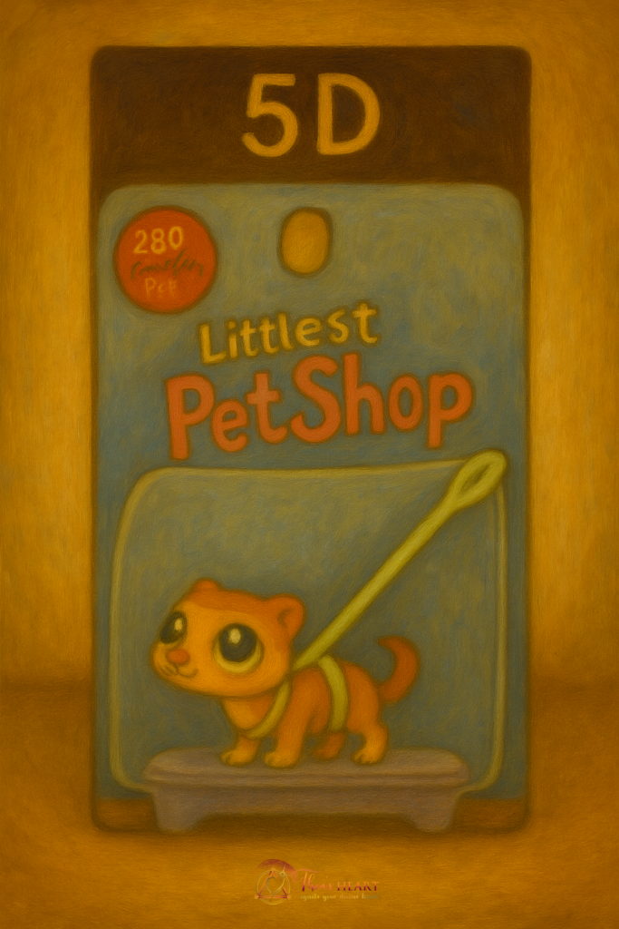 Inspector Provost_Case File 005_Exhibit D_Unopened Ferret Packaging — Stylized image of a Littlest Pet Shop ferret in unopened packaging labeled “5D” and “280 Endless Pets,” representing the final unopened ferret waiting in Mérida.