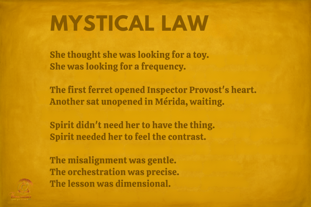 Inspector Provost_Case File 005_Exhibit E_Mystical Law — a centered poem on a golden background reflecting on seeking frequency instead of objects, two ferrets symbolizing contrast, and a spiritual lesson described as gentle, precise, and dimensional.